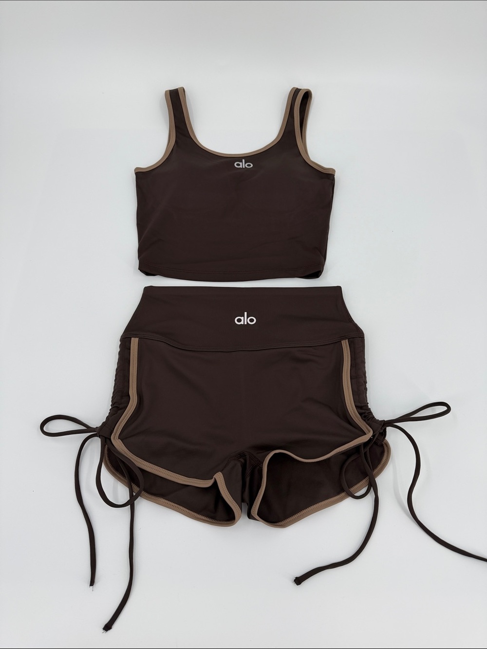 ALO Yoga Brown Athletic Shorts with Tan Trim and Side Ties & Built in Bra Top Se